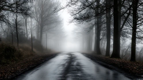 Fog-covered country road flanked by bare winter trees.