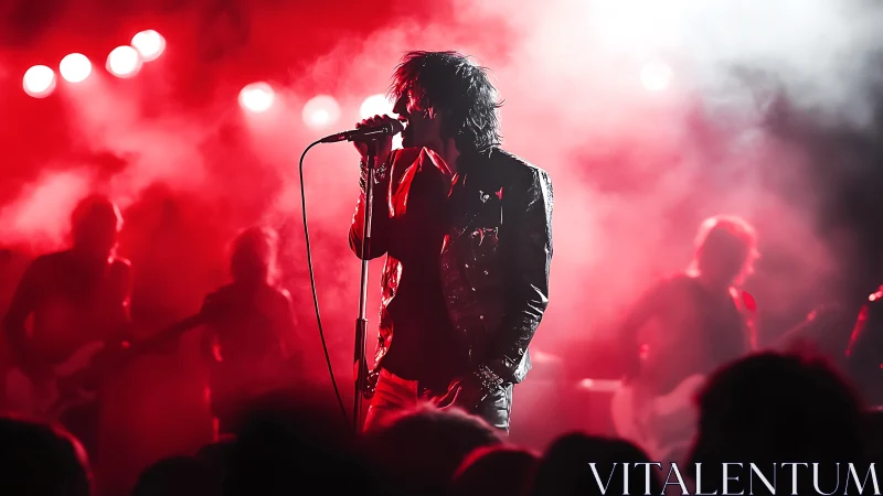 Backlit rock vocalist commands stage in saturated red haze