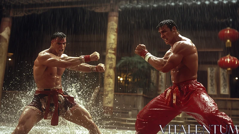 Cinematic martial arts duel staged in torrential courtyard rain
