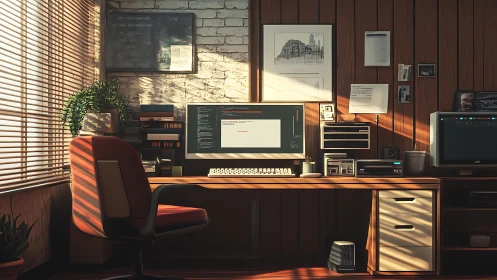 Sunlit coder&rsquo;s den turns vintage wood and pixels into calm