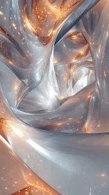 Luminous silver folds curve around embedded amber sparks