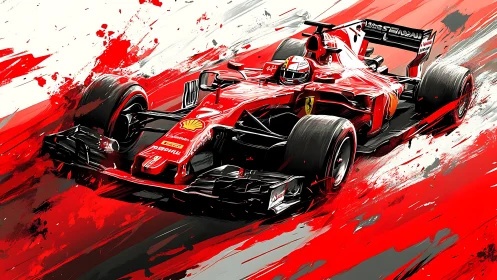 Red Formula 1 car explodes through abstract race streaks.