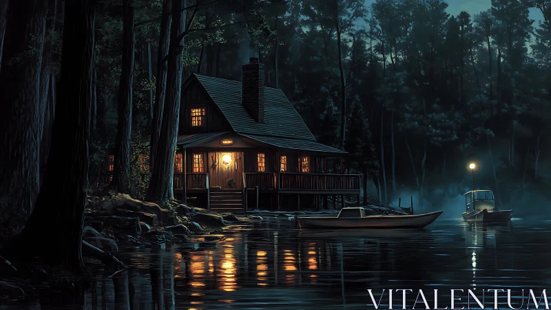 Cabin by forest lake at night with boats and warm light.