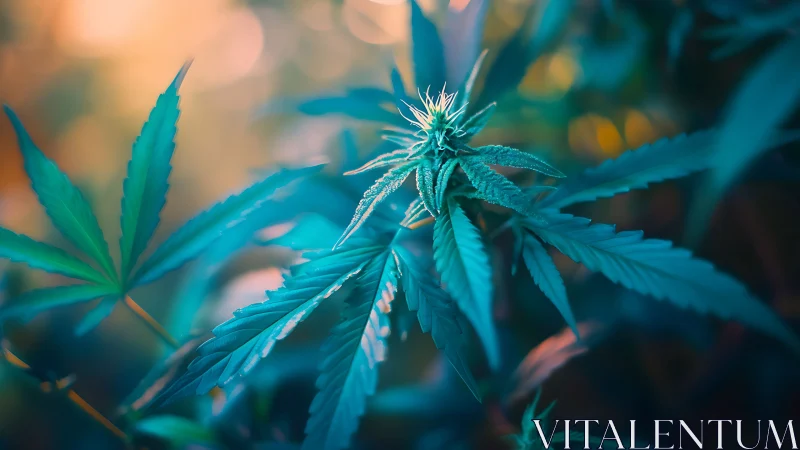 Cannabis inflorescence in teal bokeh light with detailed foliage.