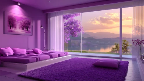 Lavender minimalist bedroom overlooks glowing lakeside sunset.