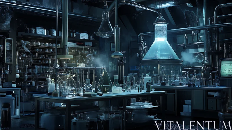 Dim laboratory interior with glassware and industrial piping.