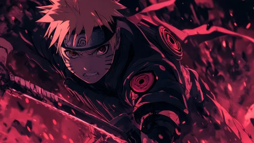 Anime warrior figure in dynamic combat pose with weapon.