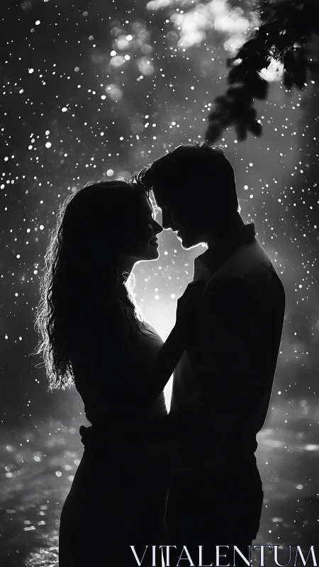 Silhouetted couple embracing in starlight and sparks.