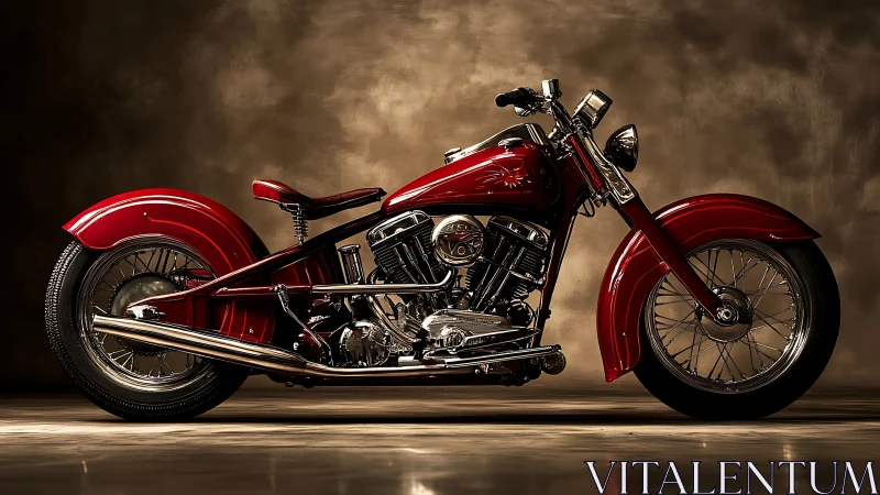 Side profile of red classic motorcycle in studio lighting.