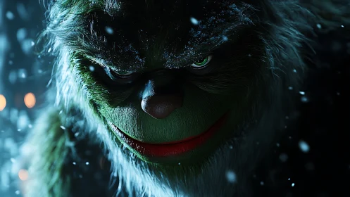 Snow-dusted mischief sharpens in a green grinning midnight face