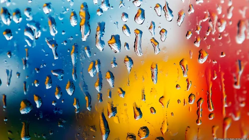 Rain droplets texture on glass with bold color bokeh.