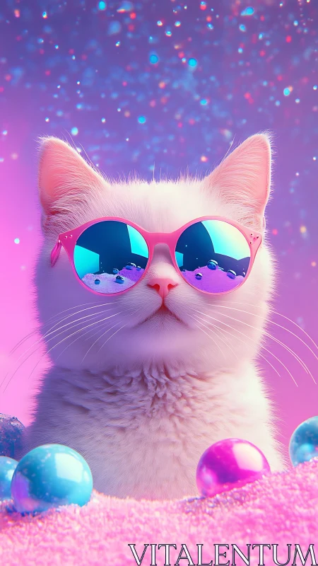 White Cat Wearing Pink Sunglasses in Neon Purple Environment