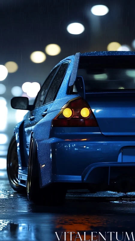 Blue tuned sports sedan idles on wet neon city street at night