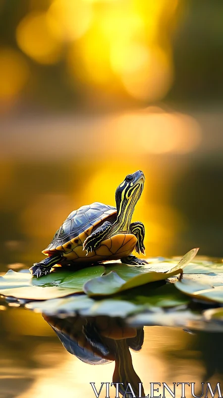 Sunlit turtle resting on lily pads in a golden pond glow.