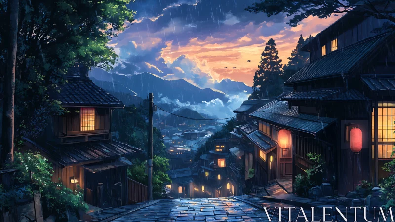 Lantern-lit hillside street dreaming under a rainy dusk sky.