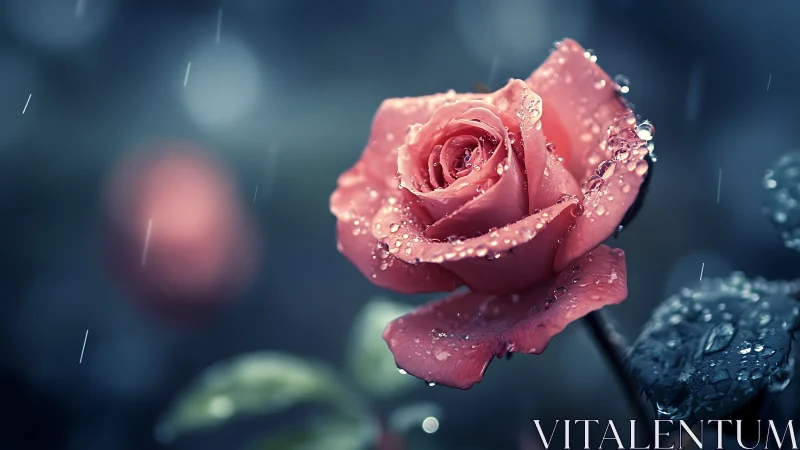 Pink Rose Glistening in Rain.