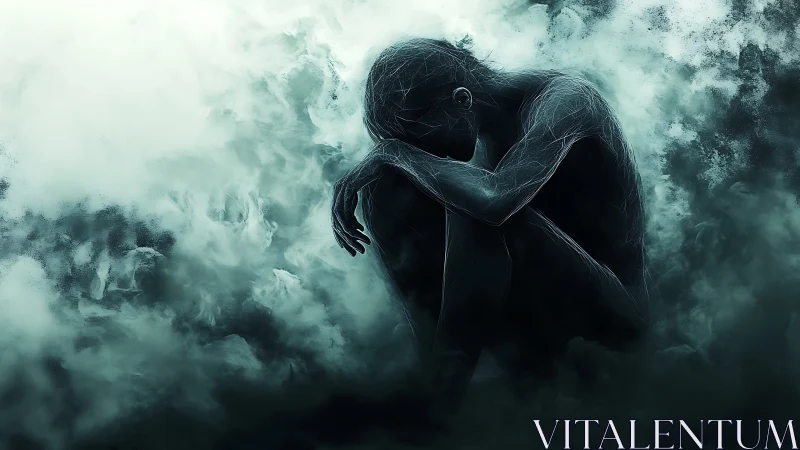 Solitary figure curled in dense swirling mist clouds.