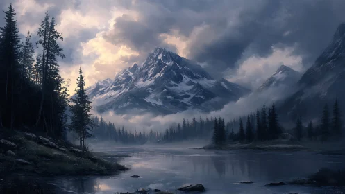 Storm-lit alpine peaks rise above a misty forest lake