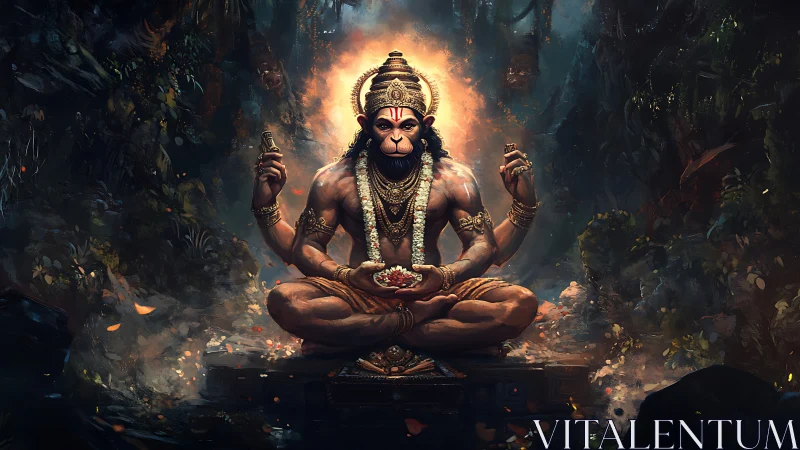 Radiant Hanuman meditates in a mystical forest sanctum