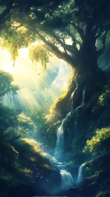 Luminous cavern with cascading waterfalls beneath ancient towering trees