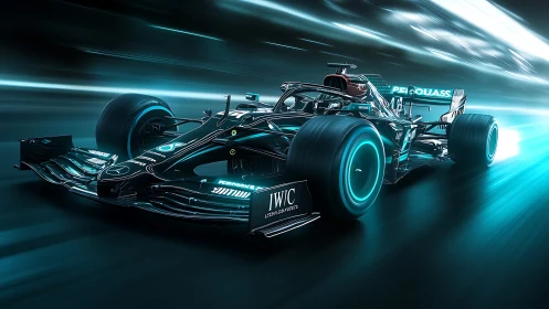 Cyberpunk F1 race car in high-speed teal light tunnel rendering.