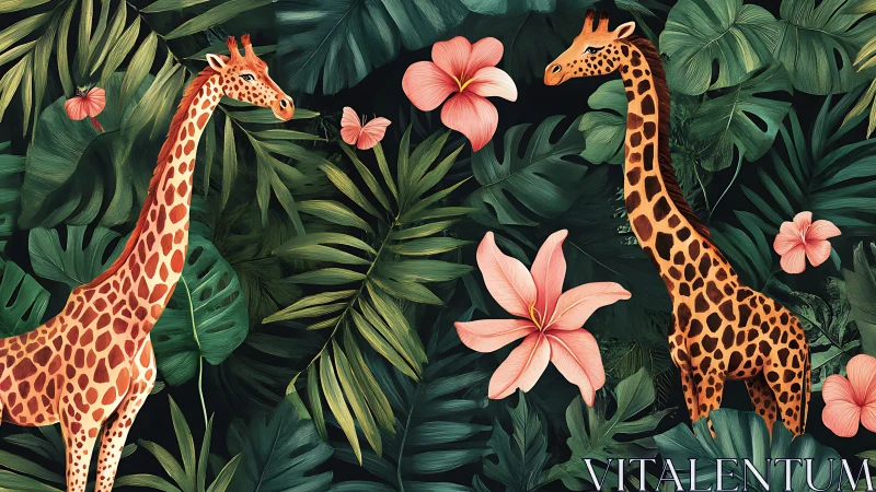 Giraffes positioned among stylized tropical foliage pattern.