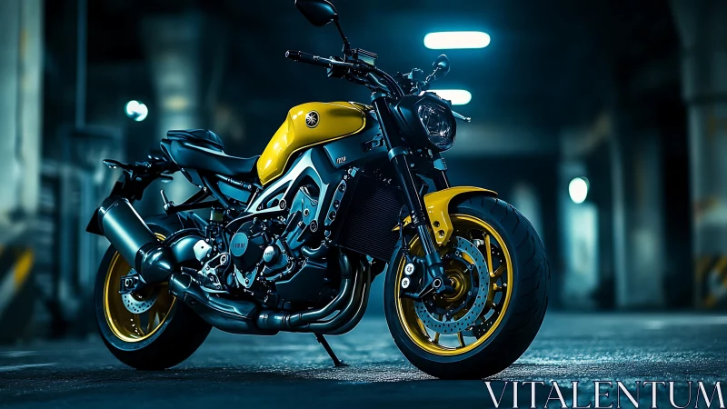 Yellow streetfighter motorcycle glows in neon tunnel night