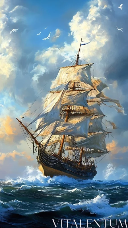 Tall ship cuts through sunlit waves under dramatic sky