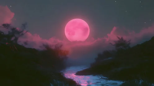 Pink moon over misty river under dark night sky.