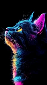 Neon Cat Portrait Against Black Sky
