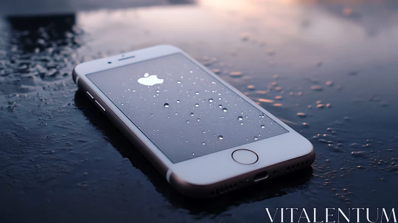 White iPhone on Wet Surface with Water Droplets and Ambient Light.