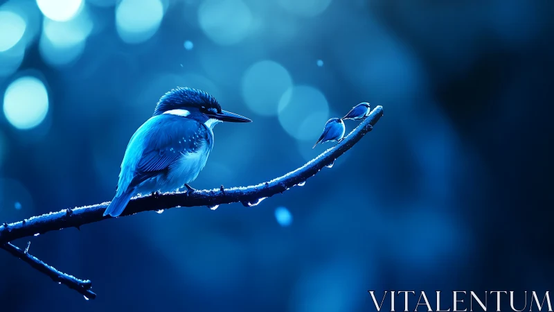 Kingfisher on Wet Branch in Dreamy Blue Toned Nature Scene.