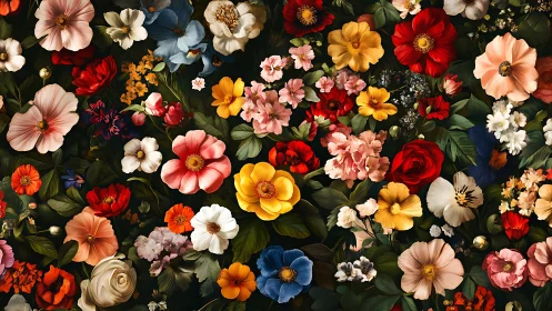 Floral composition with varied flowers on dark background.