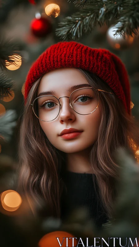 Festive portrait captures serene girl amid Christmas lights.