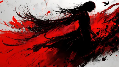 Silhouette warrior dissolving into red abstract storm.