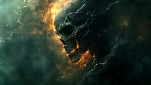 Infernal skeletal visage emerging from volatile nebular flames.