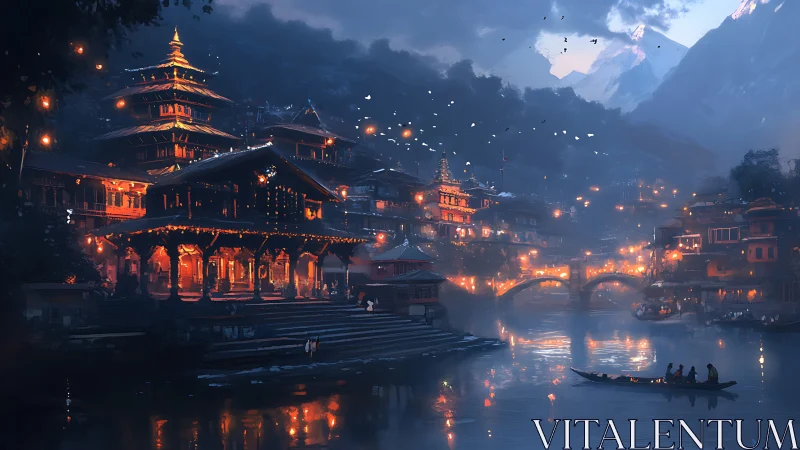 River lanterns and mountain temples glowing in twilight calm.