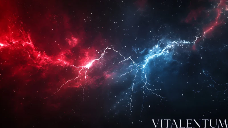 Bipolar cosmic lightning clash in red and blue nebular void.