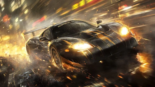 Racing car drifts through wet neon city street at night