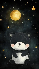 Sleepy moonlit bear illustration under starry night sky