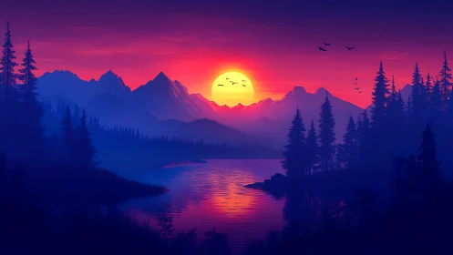 Sunset over conifer forest, distant mountains, and lake scene.