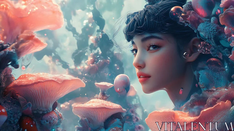 Bio-luminescent mycology realm with stylized synthetic portrait.