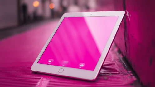 White tablet device with magenta display rendered in urban environment