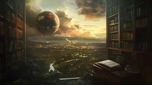 Planetary-scale landscape observed from a vaulted library window overlooking city