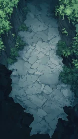 Rocky forest ravine floor glows softly in shaded light