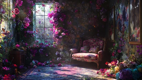 Vintage Room Overflowing with Magenta and Pink Flowering Vines.