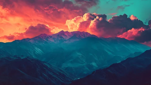 Neon alpine range under fiery cyan and magenta sky.