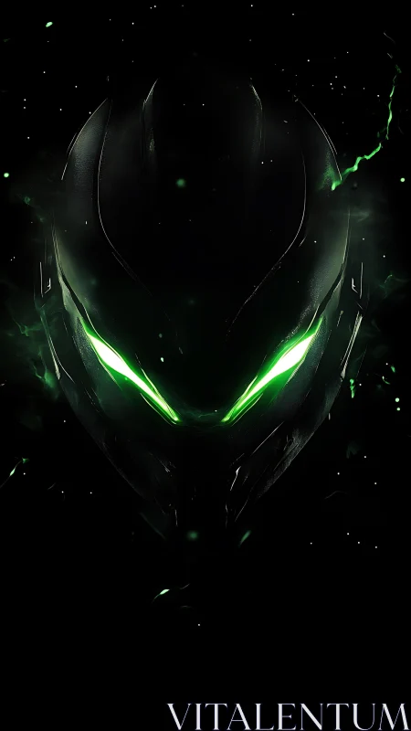 Symmetrical black exosuit helmet with neon green ocular slits