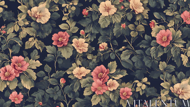 Dense floral pattern with stylized pink and cream blossoms.