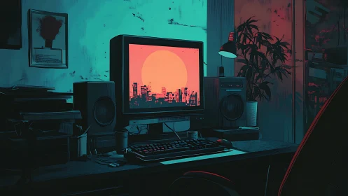 Moody neon-lit desk setup with retro cityscape screen.